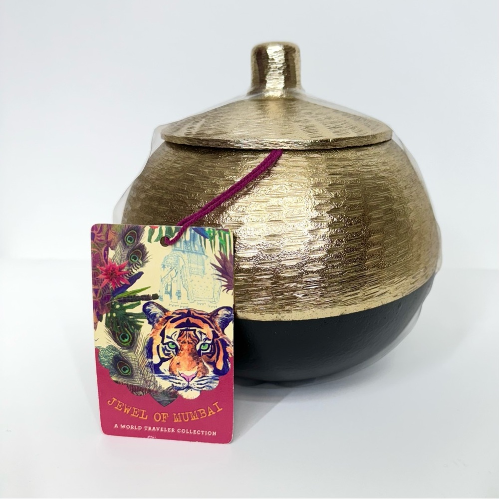 Jewel Of Mumbai World Traveler Collection Decorative Lidded Pot Gold & Black New